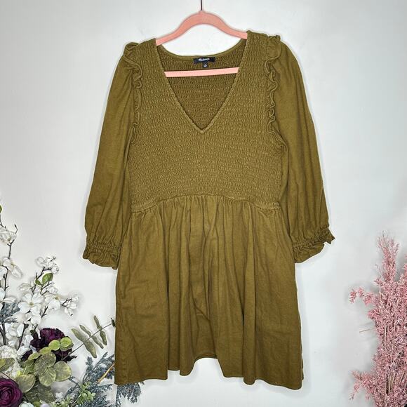 MADEWELL Flannel Lucie V-Neck Smocked Mini Dress Olive Green {OO20} - Picture 3 of 7